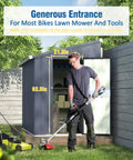 Man using garden tools near 4x6 Ft Metal Outdoor Lean To Storage Shed With Lockable Door Built Tough For Backyard And Patio Weatherproof Garden Tool Shed Kit Durable Gray Lean To Utility Shed For Lawn And Garage Organization