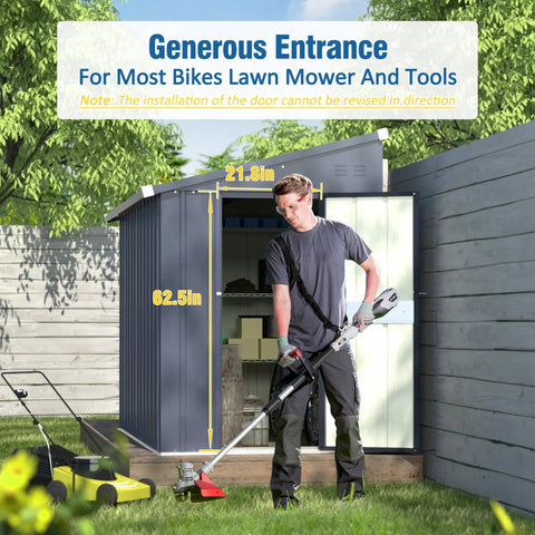 Man using garden tools near 4x6 Ft Metal Outdoor Lean To Storage Shed With Lockable Door Built Tough For Backyard And Patio Weatherproof Garden Tool Shed Kit Durable Gray Lean To Utility Shed For Lawn And Garage Organization