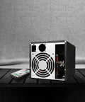 Rear view of Mini ITX NAS Case K3 Dope 4 Bay DIY Computer Enclosure with 12cm fan, flex PSU compatibility, and drive bays exposed.