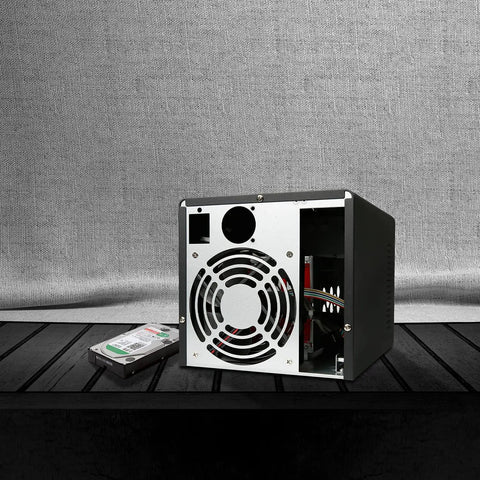 Rear view of Mini ITX NAS Case K3 Dope 4 Bay DIY Computer Enclosure with 12cm fan, flex PSU compatibility, and drive bays exposed.