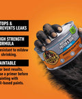 Heavy Duty Rubberized Sealant Paste That Kicks Water Leaks For Good On Wet Or Dry Surfaces in a can held by a hairy hand.