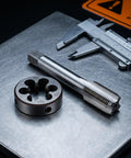 Heavy Duty M20x1.5 Metric Tap And Die Set For Precise Threading Jobs Made From Hardcore Heat Treated Alloy Steel To Fix Machine Parts Like A Pro, with caliper