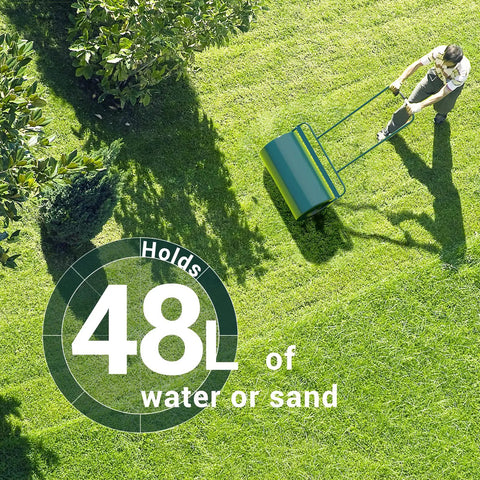 Person using Heavy Duty Push Or Tow Behind Garden Roller Water Or Sand Filled Drum Roller For Lawn Yard Park And Ball Field 13x24 Inch Steel Frame Turf Stabilizer No Power Quiet Green Finish on grass