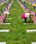 12 Pack 12x18 American Stick Flags with 30 Inch Wooden Poles and Gold Spear Tips in cemetery for Memorial Day display USA