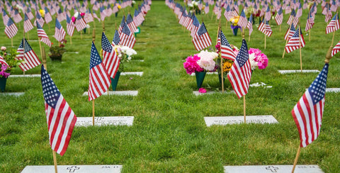 12 Pack 12x18 American Stick Flags with 30 Inch Wooden Poles and Gold Spear Tips in cemetery for Memorial Day display USA