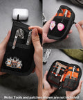 EDC Pouch With Ten Compartments Small Pocket Tool Organizer For Multitools Men DIY Patches Area Durable Everyday Carry Case With Black Or Orange Interior Compact Size For Quick Access And Organization in use with tools visible inside.