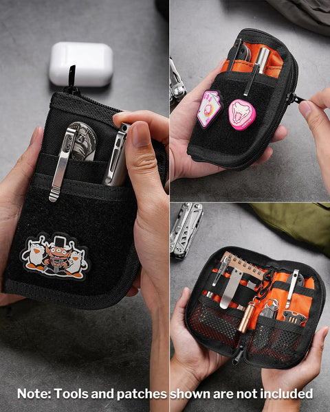 EDC Pouch With Ten Compartments Small Pocket Tool Organizer For Multitools Men DIY Patches Area Durable Everyday Carry Case With Black Or Orange Interior Compact Size For Quick Access And Organization in use with tools visible inside.