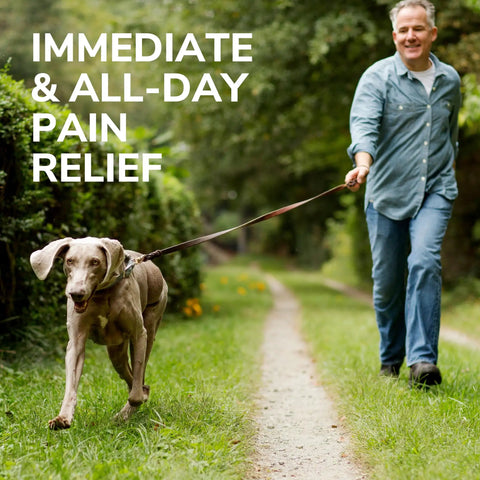 Man walking dog in park, showcasing comfort with All Day Comfort Men Insoles With Massaging Gel And Arch Support 1 Pair