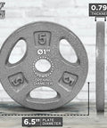 Adjustable Barbell and Dumbbell Weight Set With 1 Inch Threaded Chrome Knurled EZ Curl Or Straight Bar Handle For Home Gym Gainz Strength Training 105 Lb Total Includes 72 Inch Bar Plates And Star Lock Collars Gray, showing 5 lb plate with measurements.