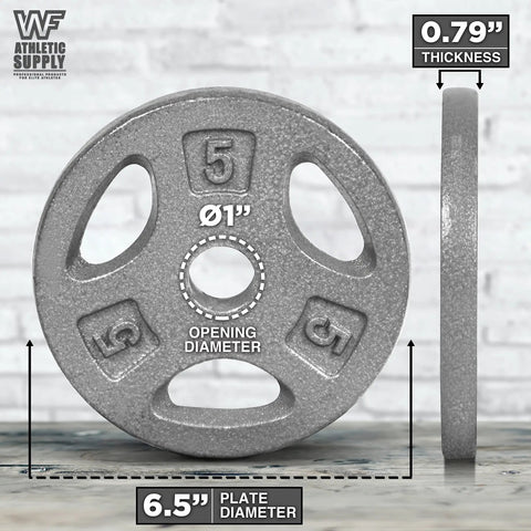 Adjustable Barbell and Dumbbell Weight Set With 1 Inch Threaded Chrome Knurled EZ Curl Or Straight Bar Handle For Home Gym Gainz Strength Training 105 Lb Total Includes 72 Inch Bar Plates And Star Lock Collars Gray, showing 5 lb plate with measurements.