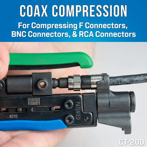 Pro Grade Coax Tool Kit 8 Piece Set With Stripper And Universal Compression Tool For RG59 RG6 RG7 RG11 Coax Cables Perfect For CATV Installations And DIY TV Wiring, showing compression tool in action