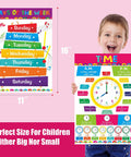 Child holding 16x11 in time poster from 17 Poster Set For Early Education With Alphabet Numbers Time Shapes Seasons Months Emotions Weather Money Colors Opposites Five Senses Math Solar System Farm Animals On Durable PET Film Covers For Nursery And Kindergarten