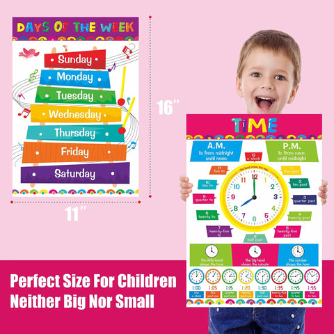 Child holding 16x11 in time poster from 17 Poster Set For Early Education With Alphabet Numbers Time Shapes Seasons Months Emotions Weather Money Colors Opposites Five Senses Math Solar System Farm Animals On Durable PET Film Covers For Nursery And Kindergarten
