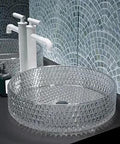 Cache 15.75 Inch Round Glass Vessel Sink With Above Counter Install, clear textured tempered glass, shown in modern bathroom setup