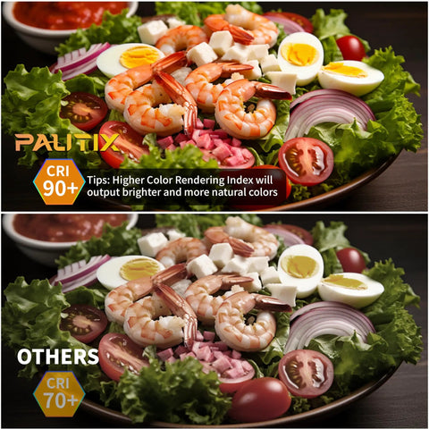 Comparison of COB LED Strip Light 12V with 90+ CRI and others with different color rendering, showcasing fresh salad ingredients.