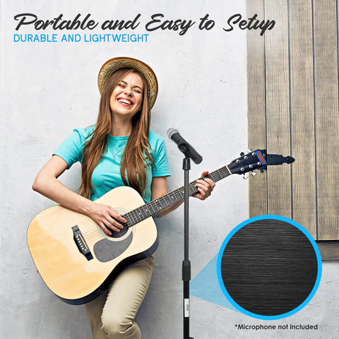 Pair Of Universal Microphone Stands For Handheld Mics With Heavy Duty Base And Lightweight On The Go Design, female guitarist playing