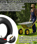Heavy Duty Inner Tube 4.80/4.00-8 for wheelbarrows with TR87 valve, shown alongside a person using a yellow wheelbarrow.