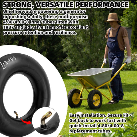 Heavy Duty Inner Tube For 4.80/4.00-8 Tires With TR87 Angled Valve Stem next to a man pushing a wheelbarrow in a garden