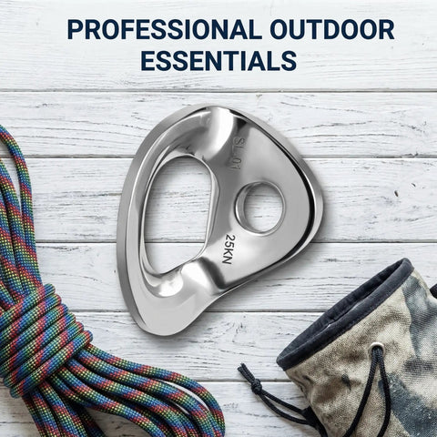 Ten Pack 25KN Marine Grade 316 Stainless Steel Climbing Bolt Hangers And Anchor Plates For Top Rope Lead Climbing Rappelling And Rescue Always Send It With Beefy Field Hardware close-up of climbing anchor plate with 25KN rating.