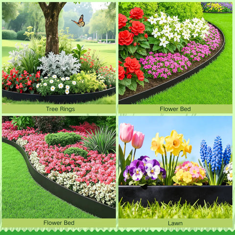 Heavy Duty Landscape Edging Kit With 2 Inch Border And 100 Ft Length Upgraded With 150 Steel Stakes shown in flower beds and lawn