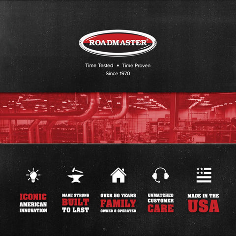 Roadmaster logo and factory imagery highlighting American innovation, durability, family ownership, and customer care values.