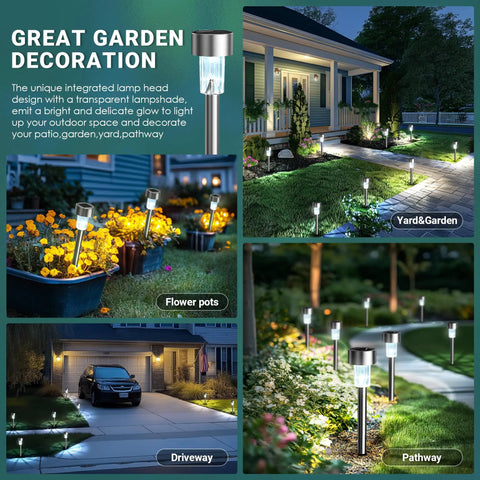 Collage of 12 Pack Outdoor Solar Lights Stainless Steel Garden Pathway Lights Waterproof illuminating yard, garden, pathway.