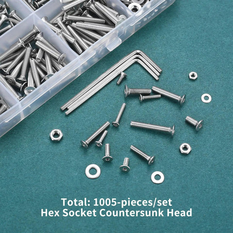 1005 Pc M2 M2.5 M3 Metric Screw Set With Nuts And Bolts Heavy Duty Flat Head Hex Socket Countersunk Screws Stainless Steel Hardware Kit
