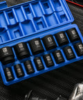 1/2 Inch Drive Shallow Impact Socket Set 14 Piece, 6 Point SAE Sockets From 3/8 To 1-1/4 Inch in blue case