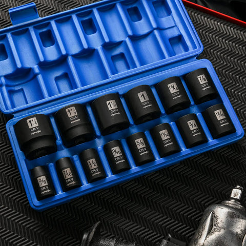 1/2 Inch Drive Shallow Impact Socket Set 14 Piece, 6 Point SAE Sockets From 3/8 To 1-1/4 Inch in blue case