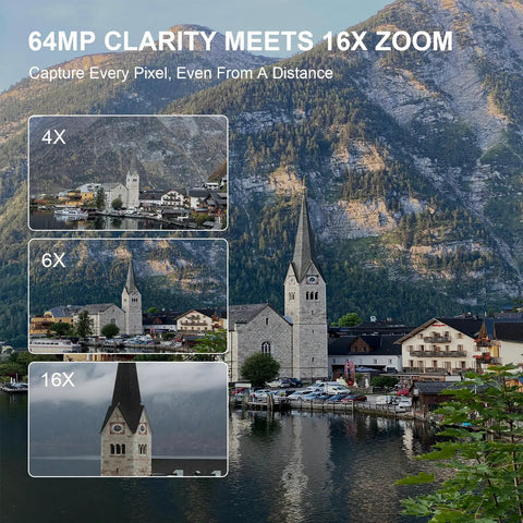 64MP clarity demonstration at 4X, 6X, and 16X zoom showcasing 6K 64MP Digital Camera With Flip Screen And Dual Lens For Photography And Vlogging