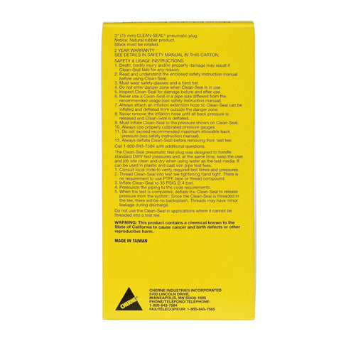 Back of Cherne Clean Seal Plug 3 Inch packaging with safety and usage instructions in yellow.
