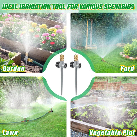 Two Pack Metal Lawn Sprinklers For Yard With 360 Degree Coverage, Adjustable Brass Nozzles And Aluminum Spike Base