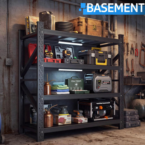 60 Inch Wide Heavy Duty Garage Shelving Rack With 5000 Lb Capacity, Industrial 4 Tier Storage Unit in basement setting