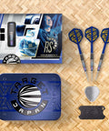 Rising Sun Gen 10 Steel Tip Darts Made From 95 Percent Tungsten With Killer Grip Design and accessories displayed on a woven mat.