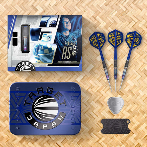Rising Sun Gen 10 Steel Tip Darts Made From 95 Percent Tungsten With Killer Grip Design and accessories displayed on a woven mat.