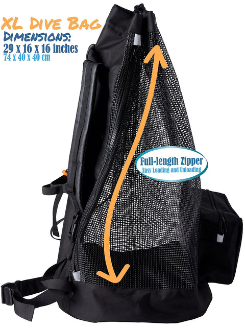 Side view of XL Mesh Travel Scuba Diving Bag For Snorkeling Gear And Equipment showing full-length zipper and mesh material.