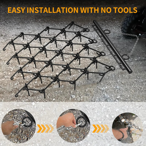 Chain Drag Harrow For ATV And UTV, 5 Foot Wide By 4.5 Foot Long With Half Inch Tines for easy installation with no tools.