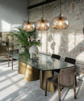 Bottom Line Quality Clear Marble Glass Pendant Lights 2 Pack Hand Blown Globe Hanging Lamp For Kitchen Island above elegant dining table.