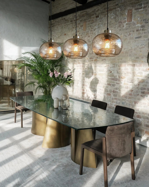 Bottom Line Quality Clear Marble Glass Pendant Lights 2 Pack Hand Blown Globe Hanging Lamp For Kitchen Island above elegant dining table.