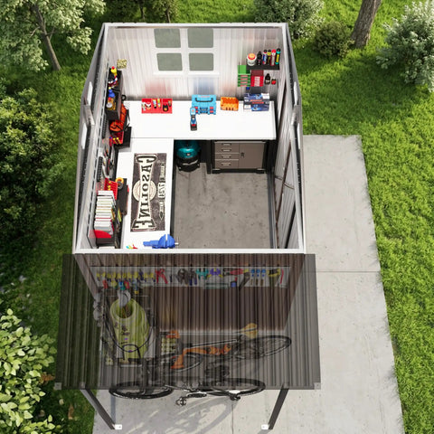 Interior view of 6x10 Ft Outdoor Storage Shed With Open Firewood Storage And Lockable Doors Built To Last Galvanized Steel Garden Shed