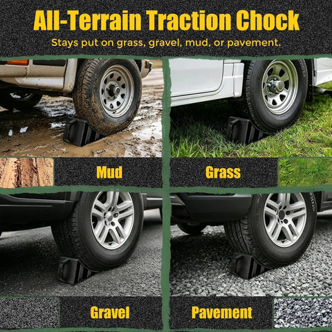 Rugged Heavy Duty Hard Plastic Wheel Chocks With Handles 2 Pack Non Slip Tire Chocks on mud, grass, gravel, and pavement surfaces