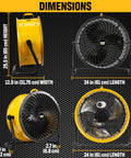 Dimensions of Beast Mode Heavy Duty Industrial High Velocity 18 Inch Drum Fan with 3,400 CFM, featuring side and front views.