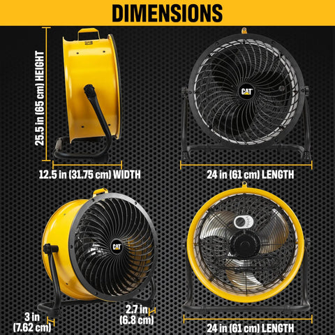 Dimensions of Beast Mode Heavy Duty Industrial High Velocity 18 Inch Drum Fan with 3,400 CFM, featuring side and front views.