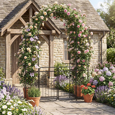 87 Inch Metal Garden Arch With Lockable Gate And Side Shelves Built Tough Arbor Trellis For Climbing Plants Outdoors Includes 6 Ground Stakes Decorative Entrance Archway For Patio And Lawn Black covered in flowers
