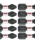 Impact Tough Phillips Number 2 Screwdriving Insert Bits Set, 1 Inch, 10 Pack For High Torque Drivers, shown with laser etched sleeve