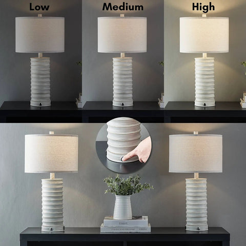 3 Way Dimmable Rustic Table Lamps Set Of 2 With Touch Control And Built In USB Port And AC Outlet White Finish For Living Room