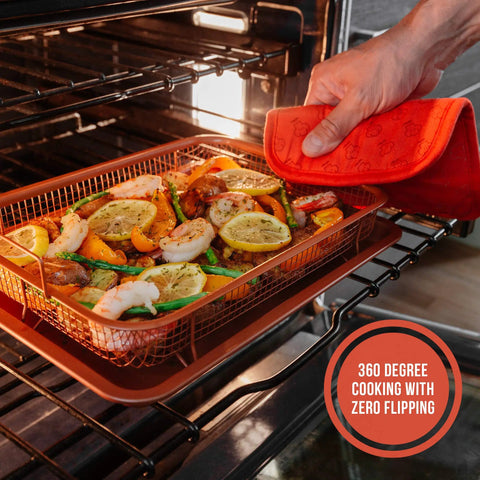 Copper Air Fryer Tray Set For Oven And Toaster Oven, 2 Piece Basket And Baking Pan, Mesh Crisper Tray cooking vegetables in oven