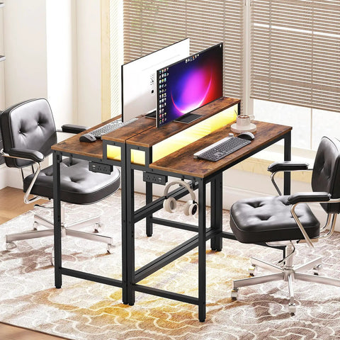 Small Computer Desk With Charging Station And LED Lights, Gaming Desk With Monitor Stand, 2-Tier Home Office Desk With 4 Side Hooks