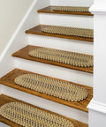 Stair Treads 8 By 28 Neutral Natural Set 13 Handcrafted In USA Wool Polypropylene Blend Textured on wooden steps