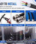 Installation steps for Rock Solid Black Liquid Tight Flexible Conduit For Electrical Wiring And Cable Management 25 Foot 1 Inch.